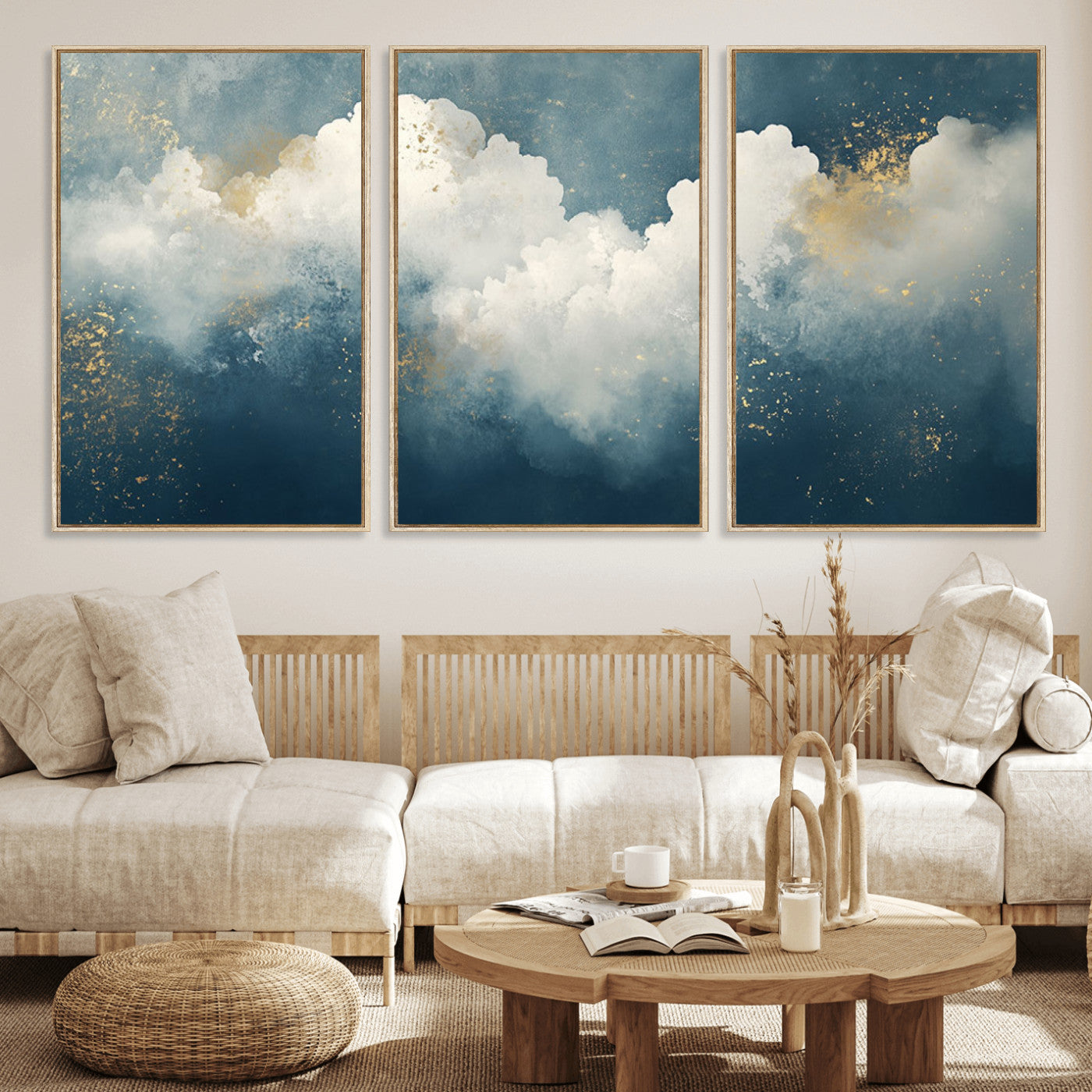 75131-MGV-FC-60X30-3P_Natural-Abstract Cloud Wall Art – Modern Canvas Print Featuring Blue and White Clouds with Golden Accents, Contemporary Artwork for Living