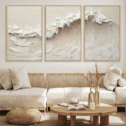 45175-MGV-FC-60X30-3P_Natural-Textured Wave Wall Art Canvas Print, Framed Minimal Seascape Art Picture Print, Elegant Wave Perfect Modern Coastal Decor Artwork