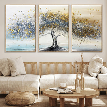 24771-MGV-FC-60X30-3P_Natural-Silver Tree Wall Art Canvas Print, Framed Golden Leaves Art Picture Print, Metallic Tree Perfect Minimalist Luxury Decor Artwork