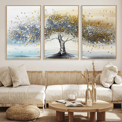 24771-MGV-FC-60X30-3P_Natural-Silver Tree Wall Art Canvas Print, Framed Golden Leaves Art Picture Print, Metallic Tree Perfect Minimalist Luxury Decor Artwork