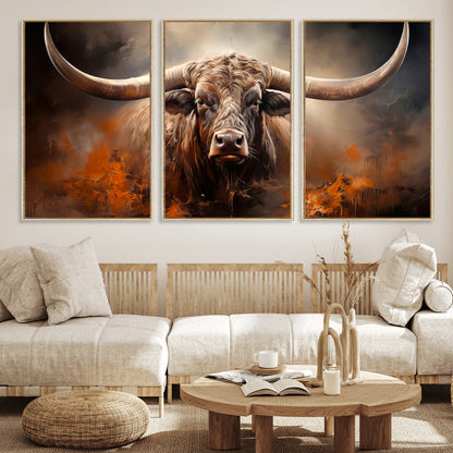 240479-MGV-FC-60X30-3P_Natural-Longhorn Bull Wall Art – Dramatic Western Canvas Print Featuring Horned Bull with Fiery Background, Rustic Farmhouse Artwork for