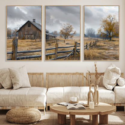 Farm1-MGV-CV-36X24-Rustic Autumn Farmhouse Wall Art – Serene Countryside Scene Canvas Print, Weathered Barn and Autumn Trees Decor for Living Room,