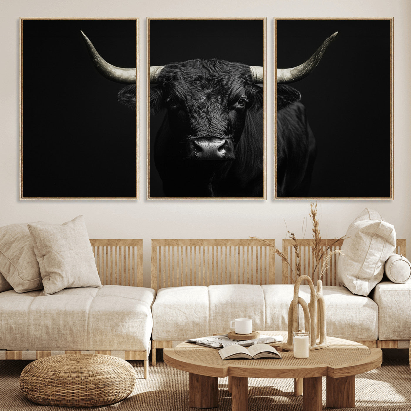 97914921-MGV-FC-60X30-3P_Natural-Black Bull Wall Art Canvas Print, Framed Longhorn Bull Art Picture Print, Western Bull Perfect Monochrome Western Decor Artwork