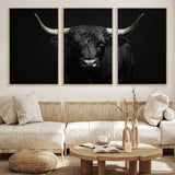97914921-MGV-FC-60X30-3P_Natural-Black Bull Wall Art Canvas Print, Framed Longhorn Bull Art Picture Print, Western Bull Perfect Monochrome Western Decor Artwork