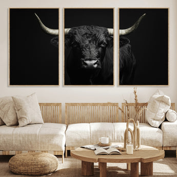 97914921-MGV-FC-60X30-3P_Natural-Black Bull Wall Art Canvas Print, Framed Longhorn Bull Art Picture Print, Western Bull Perfect Monochrome Western Decor Artwork