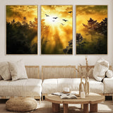 13776802-MGV-CV-36X24-Golden Forest Wall Art Canvas Print, Framed Sunset Pines Art Picture Print, Flying Birds Perfect Nature Glow Decor Artwork