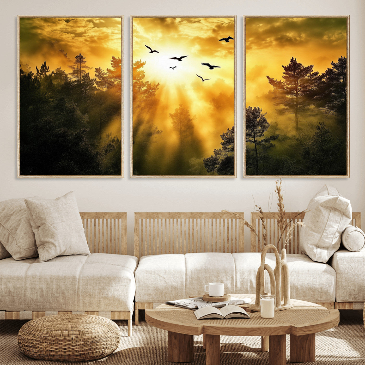 13776802-MGV-FC-60X30-3P_Natural-Golden Forest Wall Art Canvas Print, Framed Sunset Pines Art Picture Print, Flying Birds Perfect Nature Glow Decor Artwork