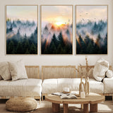 56391411-MGV-FC-60X30-3P_Natural-Misty Forest Wall Art Canvas Print, Framed Sunrise Pines Art Picture Print, Moody Pines Perfect Serene Woodland Decor Artwork