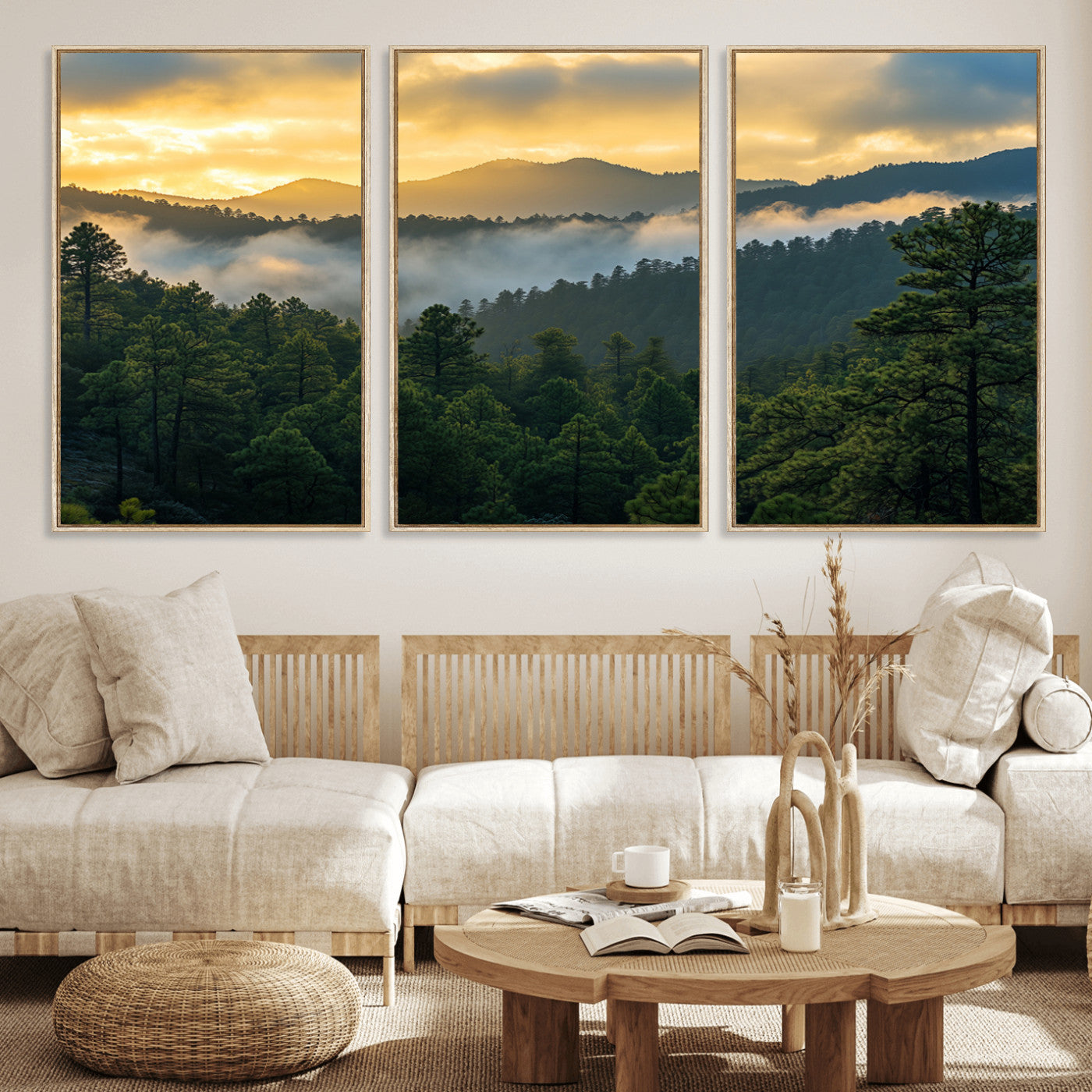 68082278-MGV-FC-60X30-3P_Natural-Mountain Sunrise Wall Art Canvas Print, Framed Pine Forest Art Picture Print, Misty Mountains Perfect Earthy Woodland Decor