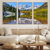 87724099-MGV-FC-60X30-3P_Natural-Maroon Bells Wall Art Canvas Print, Framed Snowy Mountains Art Picture Print, Pine Forest Perfect Vibrant Alpine Decor Artwork