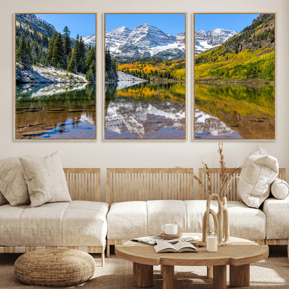 87724099-MGV-FC-60X30-3P_Natural-Maroon Bells Wall Art Canvas Print, Framed Snowy Mountains Art Picture Print, Pine Forest Perfect Vibrant Alpine Decor Artwork