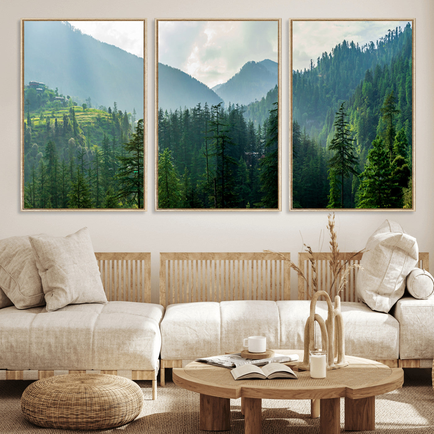 83417191-MGV-FC-60X30-3P_Natural-Misty Mountain Forest Wall Art – Pine Tree Landscape Canvas Print, Nature Photography Panorama, Tranquil Green Forest Décor for