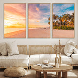 41542880-MGV-FC-60X30-3P_Natural-Tropical Beach Wall Art Canvas Print, Framed Palm Trees Art Picture Print, Sunset Shore Perfect Tropical Coastal Decor Artwork