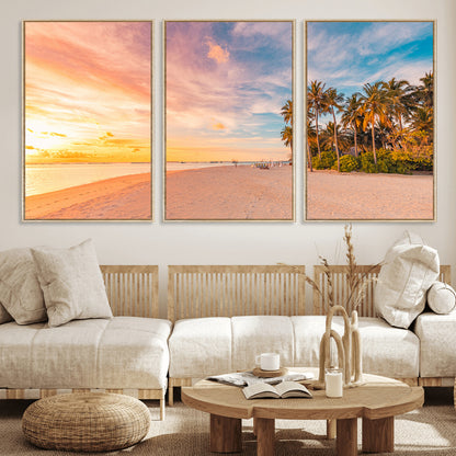 41542880-MGV-FC-60X30-3P_Natural-Tropical Beach Wall Art Canvas Print, Framed Palm Trees Art Picture Print, Sunset Shore Perfect Tropical Coastal Decor Artwork