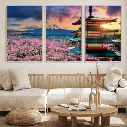 32331262-MGV-CV-36X24-Mount Fuji Japan Wall Art – Cherry Blossom Landscape Canvas Print, Chureito Pagoda Sunset Photography, Japanese Nature Travel