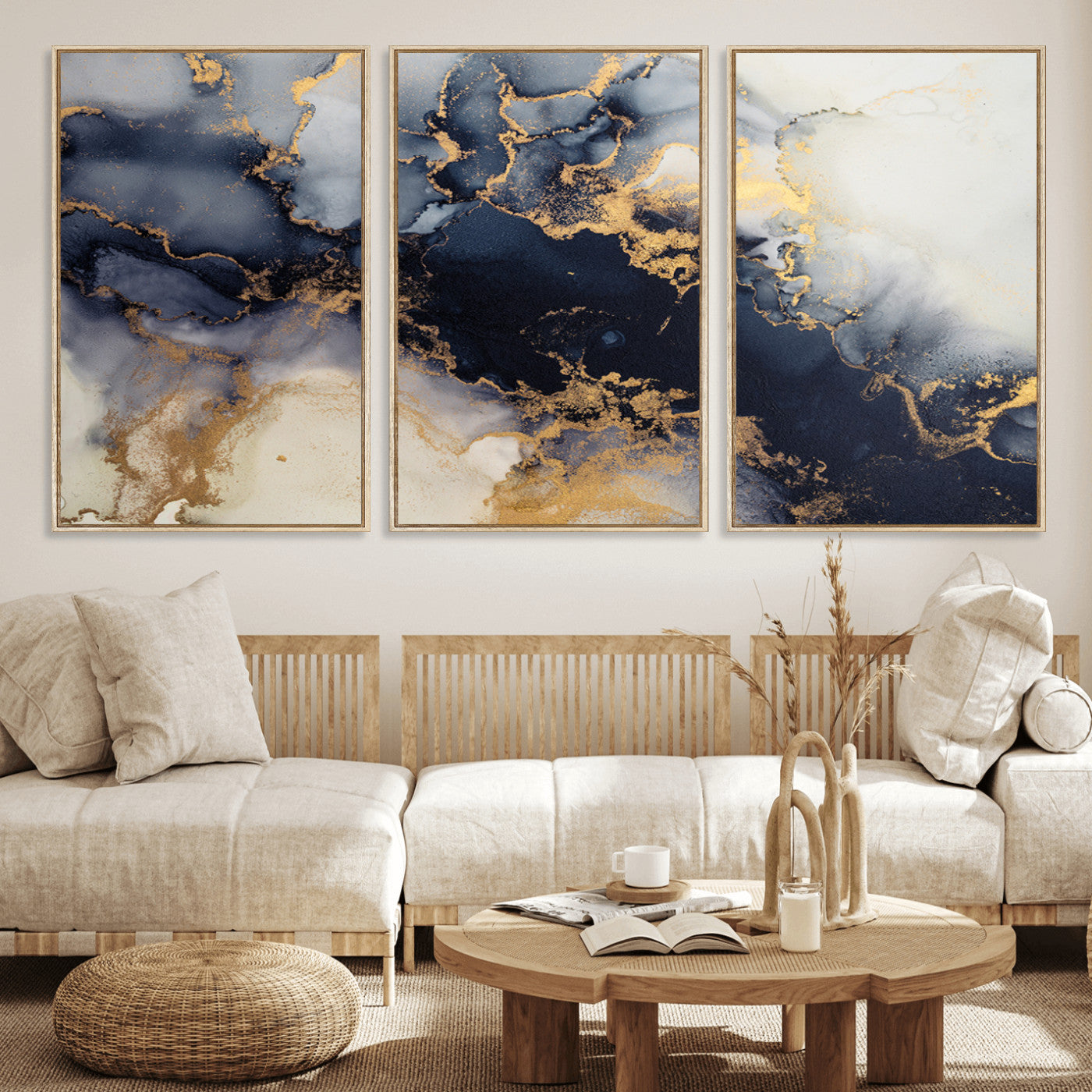 41136487-MGV-FC-60X30-3P_Natural-Black Marble Wall Art Canvas Print, Framed Gold Veins Art Picture Print, Abstract Texture Perfect Moody Luxe Decor Artwork