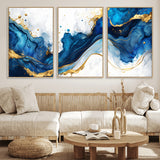 33506371-MGV-CV-36X24-Blue Marble Wall Art Canvas Print, Framed Gold Splash Art Picture Print, Abstract Wave Perfect Modern Luxe Decor Artwork