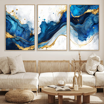 33506371-MGV-CV-36X24-Blue Marble Wall Art Canvas Print, Framed Gold Splash Art Picture Print, Abstract Wave Perfect Modern Luxe Decor Artwork