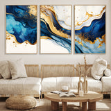 60283636-MGV-CV-36X24-Blue Gold Flow Wall Art Canvas Print, Framed Marble Texture Art Picture Print, Elegant Splash Perfect Elegant Abstract Decor