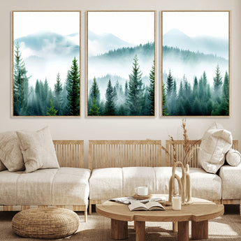 16716676-MGV-FC-60X30-3P_Natural-Pine Forest Wall Art Canvas Print, Framed Misty Mountains Art Picture Print, Foggy Trees Perfect Moody Forest Decor Artwork