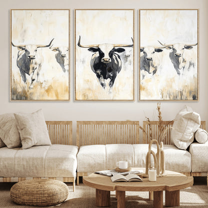 40397799-MGV-FC-60X30-3P_Natural-Texas Longhorn Wall Art Canvas Print, Framed Rustic Herd Art Picture Print, Western Bull Perfect Neutral Western Decor Artwork