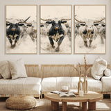 61538944-MGV-CV-36X24-Texas Longhorn Wall Art Canvas Print, Framed Cattles Walking Art Picture Print, Black White Bulls Perfect Rustic Western Decor