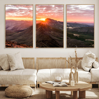 50957419-MGV-FC-60X30-3P_Natural-Mountain Sunrise Wall Art Canvas Print, Framed Alpine Ridge Art Picture Print, Mountain Range Perfect Vibrant Rustic Decor Artwork