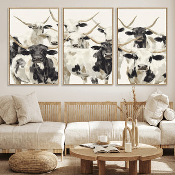 52947970-MGV-CV-36X24-Texas Longhorn Wall Art Canvas Print, Framed Cattle Herd Art Picture Print, Herd Portrait Perfect Modern Farmhouse Decor Artwork