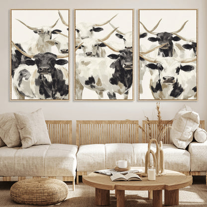 52947970-MGV-CV-36X24-Texas Longhorn Wall Art Canvas Print, Framed Cattle Herd Art Picture Print, Herd Portrait Perfect Modern Farmhouse Decor Artwork