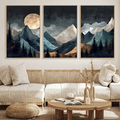 11060882-MGV-FC-60X30-3P_Natural-Moonlit Mountains Wall Art Canvas Print, Framed Forest Silhouette Art Picture Print, Night Landscape Perfect Modern Forest Decor