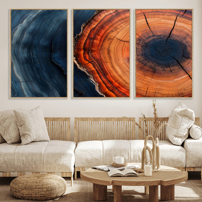 57732250-MGV-CV-36X24-Tree Ring Abstract Wall Art – Blue Orange Wood Grain Canvas Print, Modern Rustic Nature Artwork for Living Room, Office,