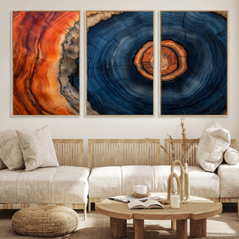 72209152-MGV-FC-60X30-3P_Natural-Abstract Tree Ring Wall Art – Vibrant Blue Orange Wood Grain Canvas Print, Rustic Modern Nature Artwork for Living Room, Office,