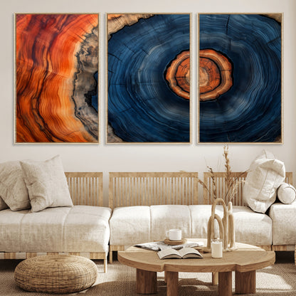 72209152-MGV-FC-60X30-3P_Natural-Abstract Tree Ring Wall Art – Vibrant Blue Orange Wood Grain Canvas Print, Rustic Modern Nature Artwork for Living Room, Office,