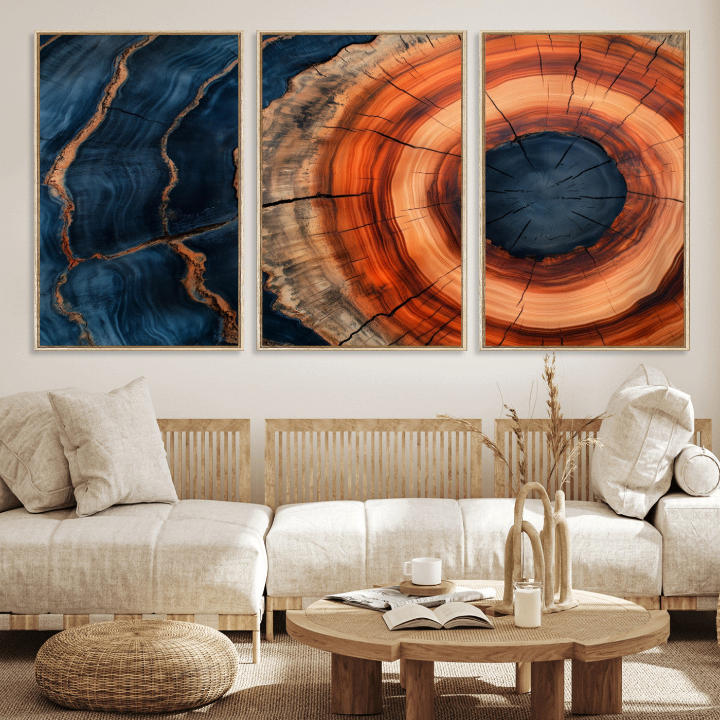 41123192-MGV-FC-60X30-3P_Natural-Tree Ring Canvas Wall Art – Abstract Blue Orange Wood Grain Print, Rustic Modern Nature Artwork for Living Room, Bedroom, Office