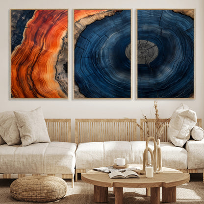 99491700-MGV-FC-60X30-3P_Natural-Tree Ring Canvas Wall Art – Blue Orange Abstract Wood Grain Print, Rustic Modern Nature Artwork for Living Room, Office, Bedroom