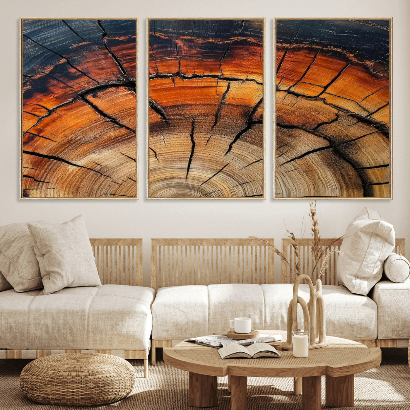 65909987-MGV-FC-60X30-3P_Natural-Rustic Tree Ring Wall Art – Nature Inspired Wooden Texture Canvas Print, Modern Abstract Artwork for Living Room, Bedroom, Office