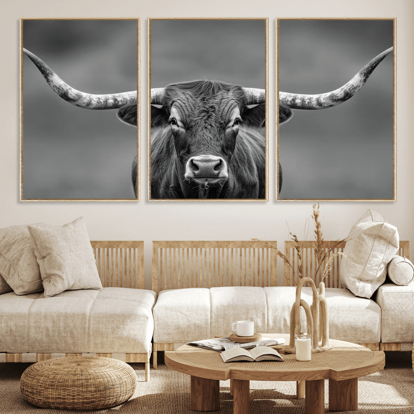 81228550-MGV-CV-36X24-Framed Texas Longhorn Bull Art Canvas Print, Western Bull Wall Art Print, Long Horn Bull Photo Print for Log Cabin, Large Bull