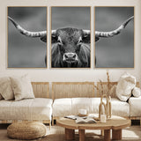 81228550-MGV-CV-36X24-Framed Texas Longhorn Bull Art Canvas Print, Western Bull Wall Art Print, Long Horn Bull Photo Print for Log Cabin, Large Bull