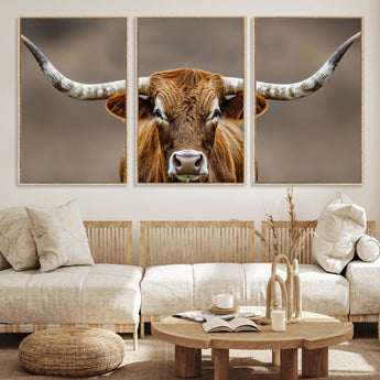 12179171-MGV-CV-36X24-Texas Longhorn Wall Art Canvas Print, Framed Brown Bull Art Picture Print, Lone Cattle Perfect Rustic Western Decor Artwork