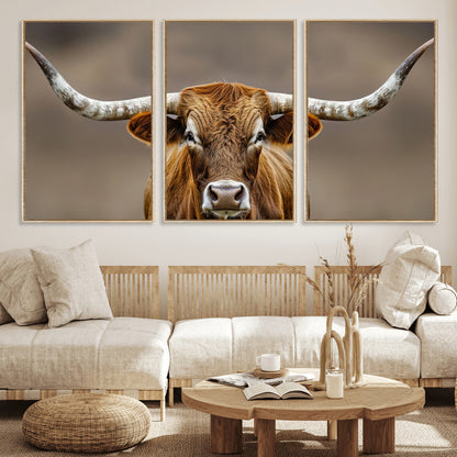12179171-MGV-FC-60X30-3P_Natural-Texas Longhorn Wall Art Canvas Print, Framed Brown Bull Art Picture Print, Lone Cattle Perfect Rustic Western Decor Artwork