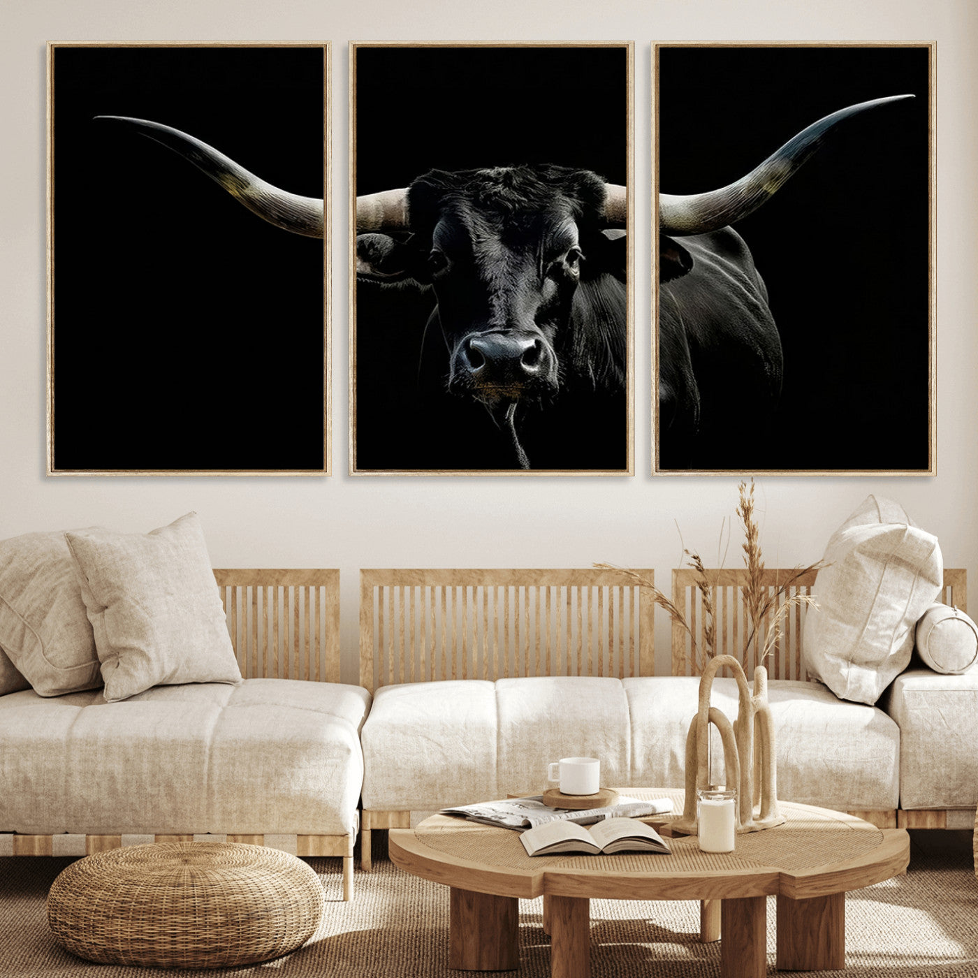37531960-MGV-FC-60X30-3P_Natural-Black Longhorn Bull Wall Art – Dramatic Western Cattle Canvas Print, Rustic Farmhouse Animal Artwork for Living Room, Bedroom,