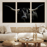 37531960-MGV-FC-60X30-3P_Natural-Black Longhorn Bull Wall Art – Dramatic Western Cattle Canvas Print, Rustic Farmhouse Animal Artwork for Living Room, Bedroom,