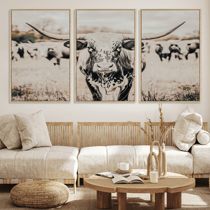 27497342-MGV-CV-36X24-Texas Longhorn Wall Art Canvas Print, Framed Speckled Cow Art Picture Print, Horned Cattle Perfect Rustic Western Decor Artwork