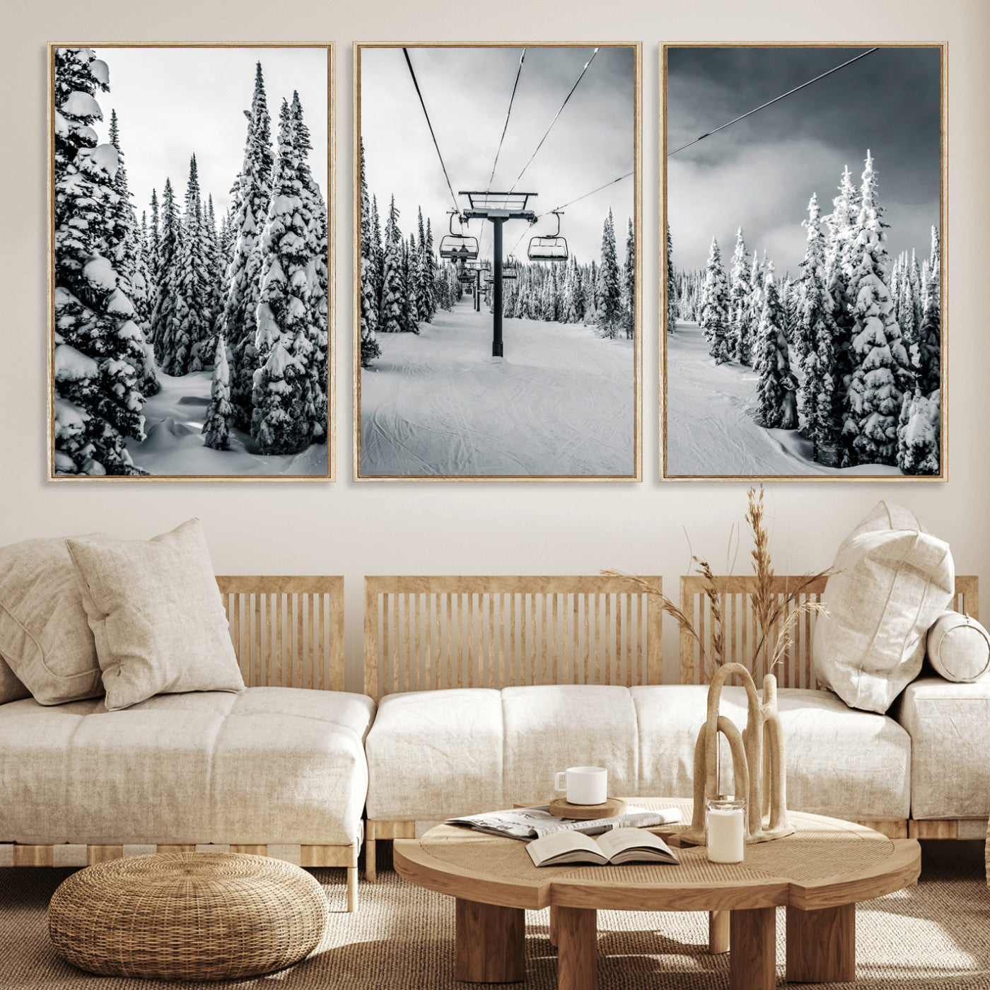 31156828-MGV-FC-60X30-3P_Natural-Snowy Pines Wall Art Canvas Print, Framed Ski Lift Art Picture Print, Winter Forest Perfect Moody Lodge Decor Artwork