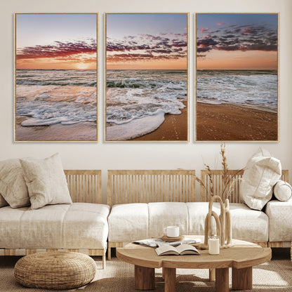 39846389-MGV-FC-60X30-3P_Natural-Ocean Sunset Wall Art Canvas Print, Framed Sandy Shore Art Picture Print, Gentle Waves Perfect Minimalist Coastal Decor Artwork