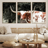54027638-MGV-FC-60X30-3P_Natural-Texas Longhorn Wall Art Canvas Print, Framed Spotted Cow Art Picture Print, Horned Bull Perfect Rustic Western Decor Artwork