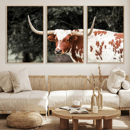 54027638-MGV-FC-60X30-3P_Natural-Texas Longhorn Wall Art Canvas Print, Framed Spotted Cow Art Picture Print, Horned Bull Perfect Rustic Western Decor Artwork