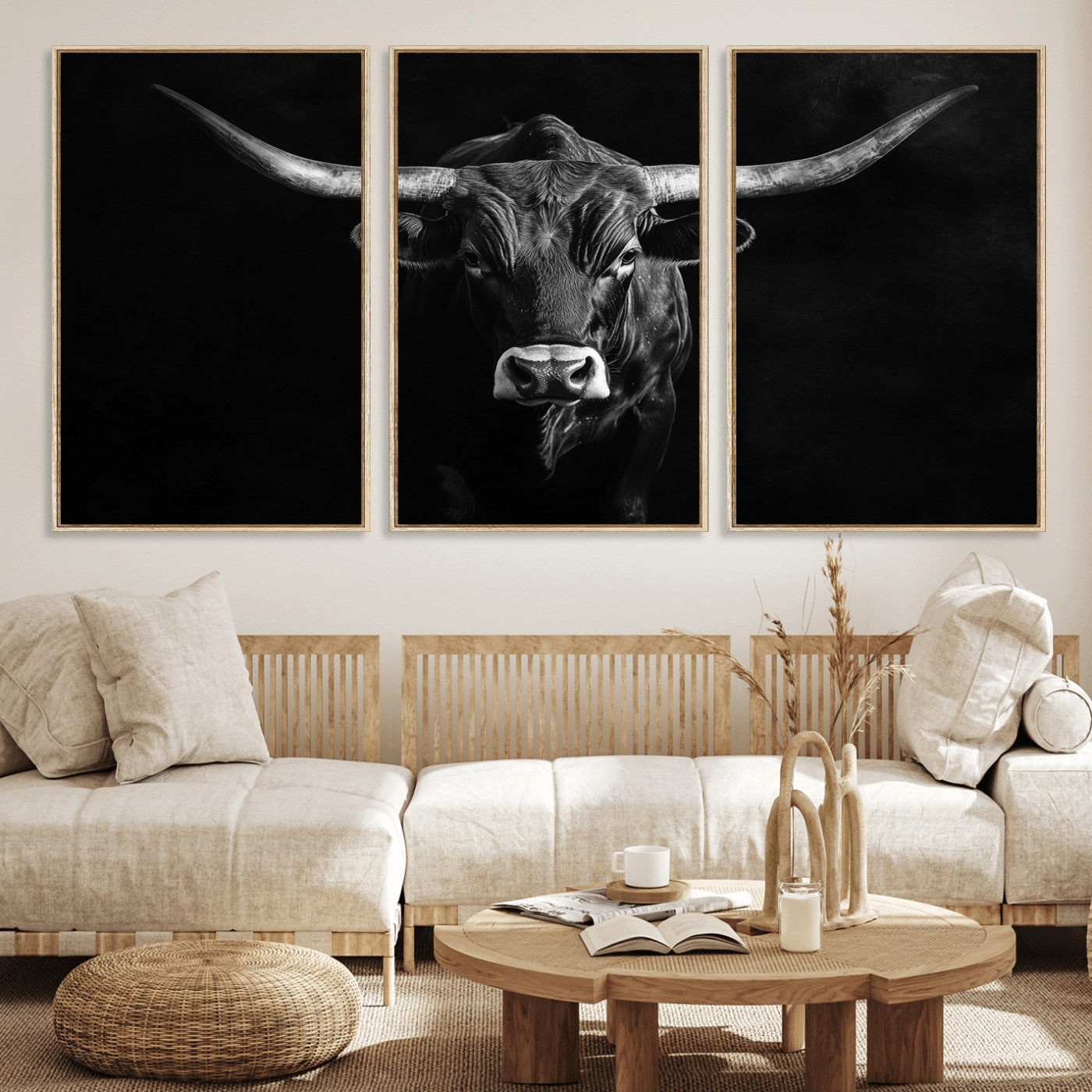 42077175-MGV-CV-36X24-Texas Longhorn Wall Art Canvas Print, Framed Monochrome Bull Art Picture Print, Horned Bull Perfect Rustic Western Decor Artwork