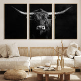 42077175-MGV-CV-36X24-Texas Longhorn Wall Art Canvas Print, Framed Monochrome Bull Art Picture Print, Horned Bull Perfect Rustic Western Decor Artwork