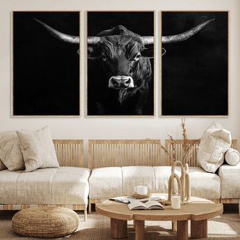 42077175-MGV-CV-36X24-Texas Longhorn Wall Art Canvas Print, Framed Monochrome Bull Art Picture Print, Horned Bull Perfect Rustic Western Decor Artwork